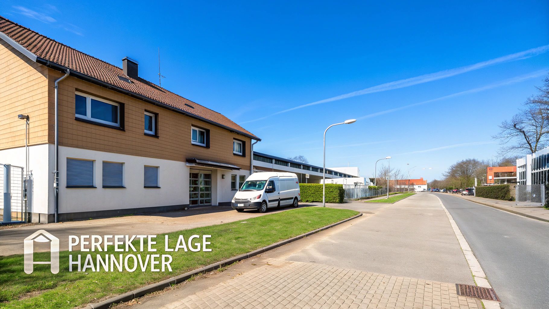 Gebäude mit brauner Fassade, einem weißen Transporter davor, Straße und blauem Himmel.