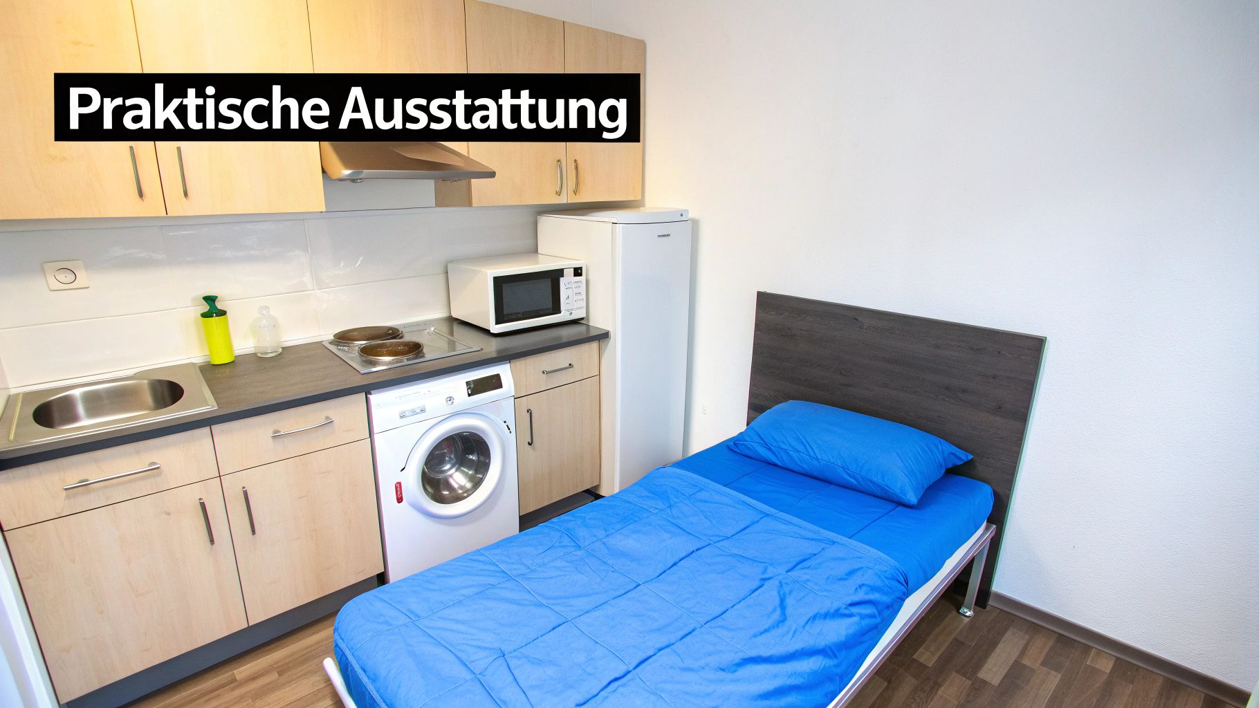 Praktisch ausgestattetes Monteurzimmer mit Küchenzeile, Waschmaschine, Kühlschrank und Einzelbett mit blauer Bettwäsche
