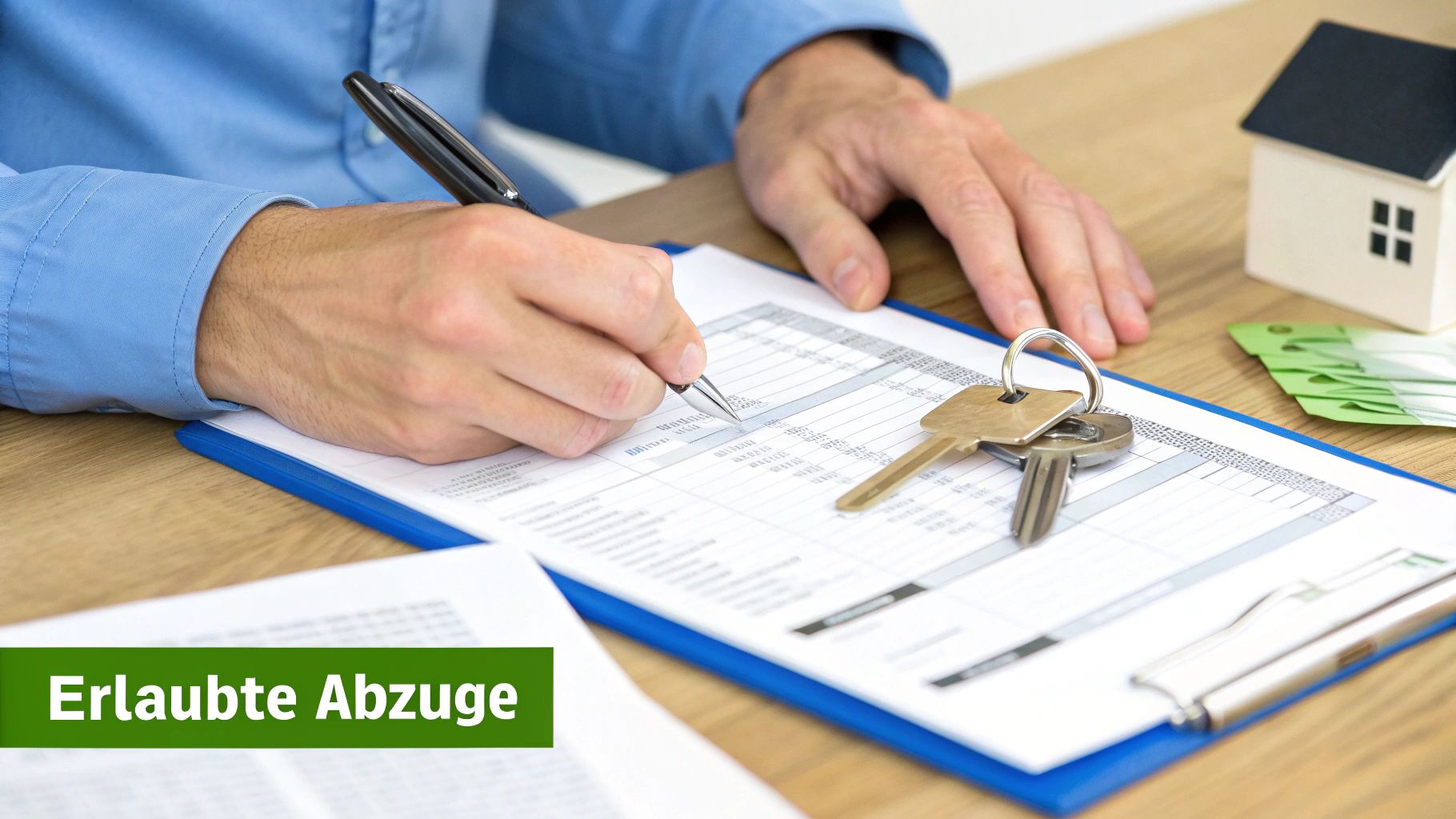 Eine Person füllt ein Dokument mit Stift aus, daneben liegen Schlüssel, ein Hausmodell und Geldscheine. Text: 'Erlaubte Abzüge'.