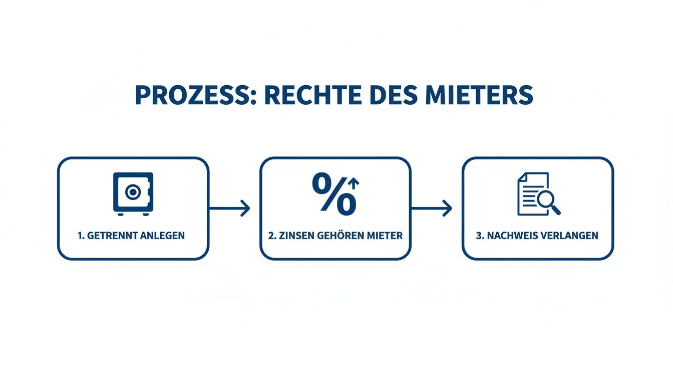 Infografik zeigt den dreistufigen Prozess zu den Rechten eines Mieters bei der Mietkaution.