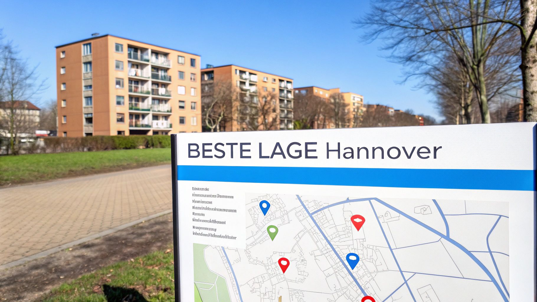 Ein Schild bewirbt die 'BESTE LAGE Hannover' mit einer Karte und farbigen Pins, vor modernen Wohngebäuden.