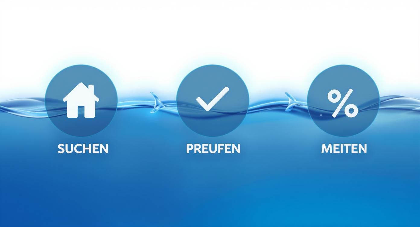 Dreistufiger Prozess: Wohnung suchen (Haus), prüfen (Haken) und mieten (Prozentzeichen) in blauem Design.