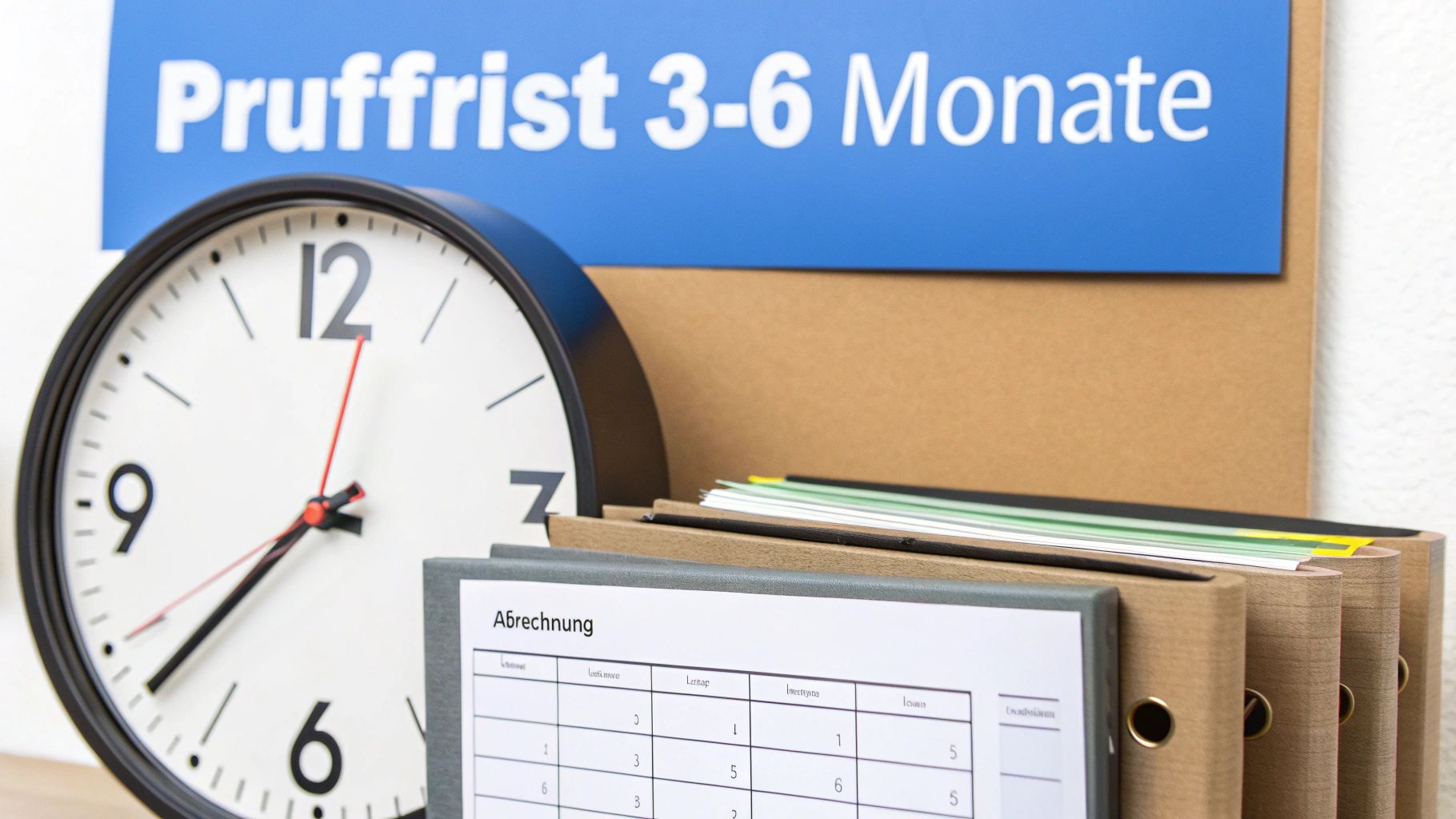 Eine Person blickt auf eine Sanduhr und einen Kalender