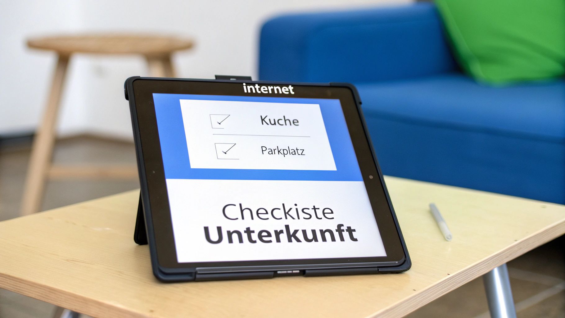 Tablet auf einem Holztisch zeigt eine digitale Checkliste für eine Unterkunft mit den Punkten "Küche" und "Parkplatz".
