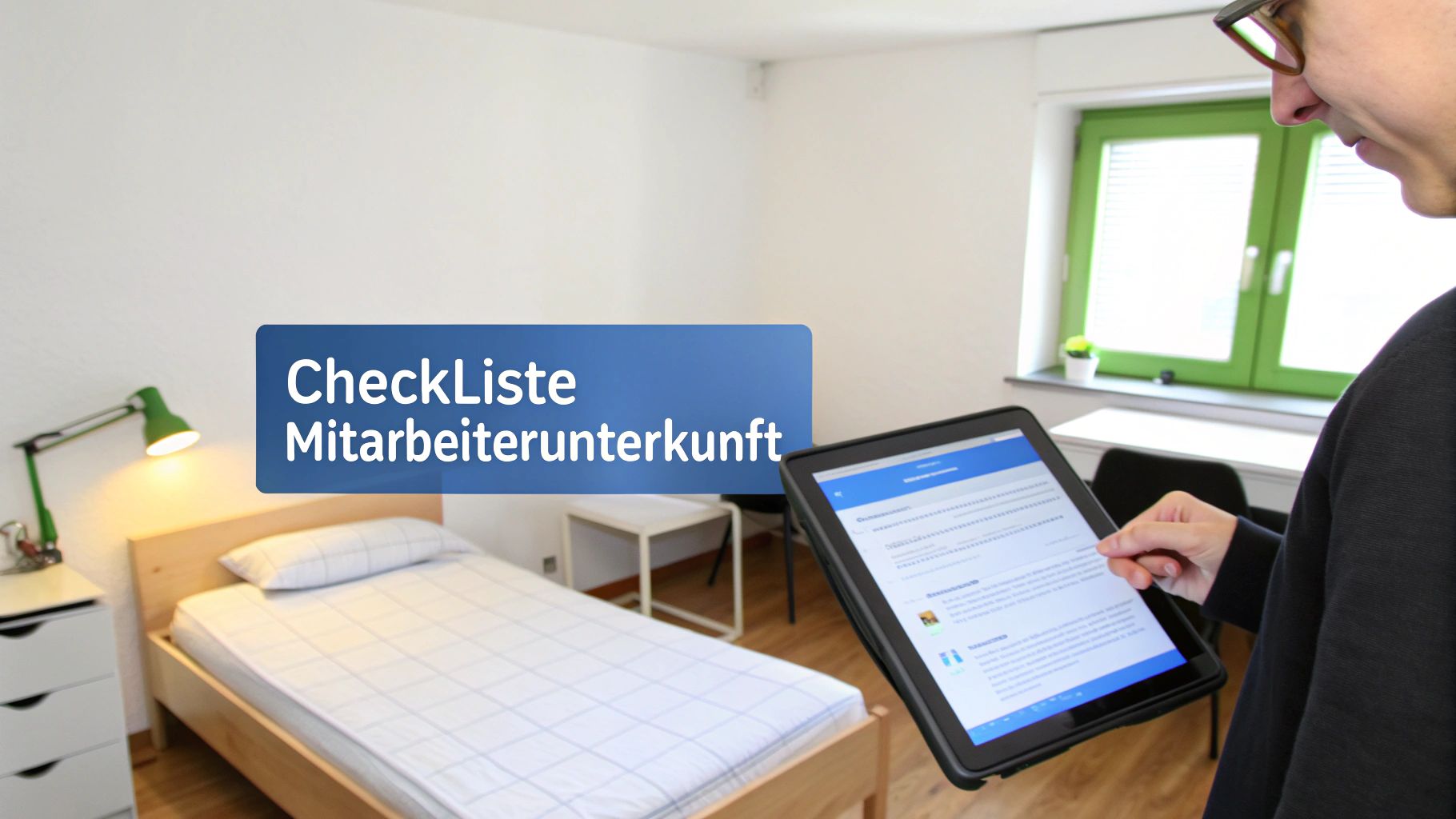 Person überprüft eine Mitarbeiterunterkunft mit digitaler Checkliste auf einem Tablet in einem hellen Zimmer mit Bett.