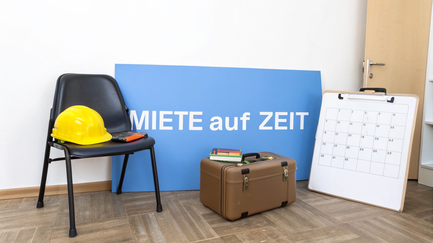 Arbeitsschutzhelm, Koffer und Kalender vor einem blauen Schild 'MIETE auf ZEIT' in einem leeren Raum.