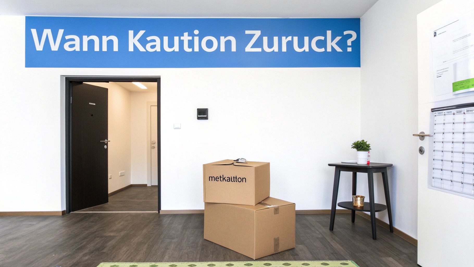 Leerer Raum mit einem Schild an der Wand, das fragt „Wann Kaution Zurück?“, Umzugskartons und einem Beistelltisch.