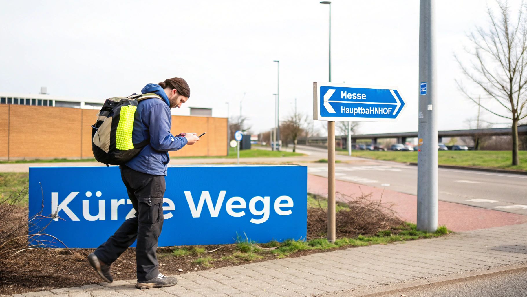 Ein Mann mit Rucksack navigiert mit seinem Handy nahe Schildern zur Messe und zum Hauptbahnhof.