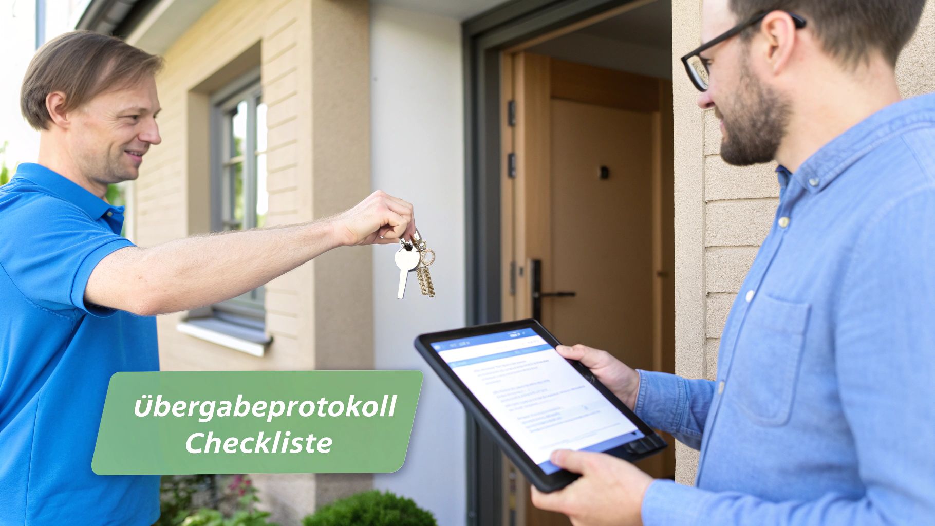 Zwei Männer übergeben Schlüssel und prüfen eine Übergabeprotokoll Checkliste auf einem Tablet vor einem Haus.