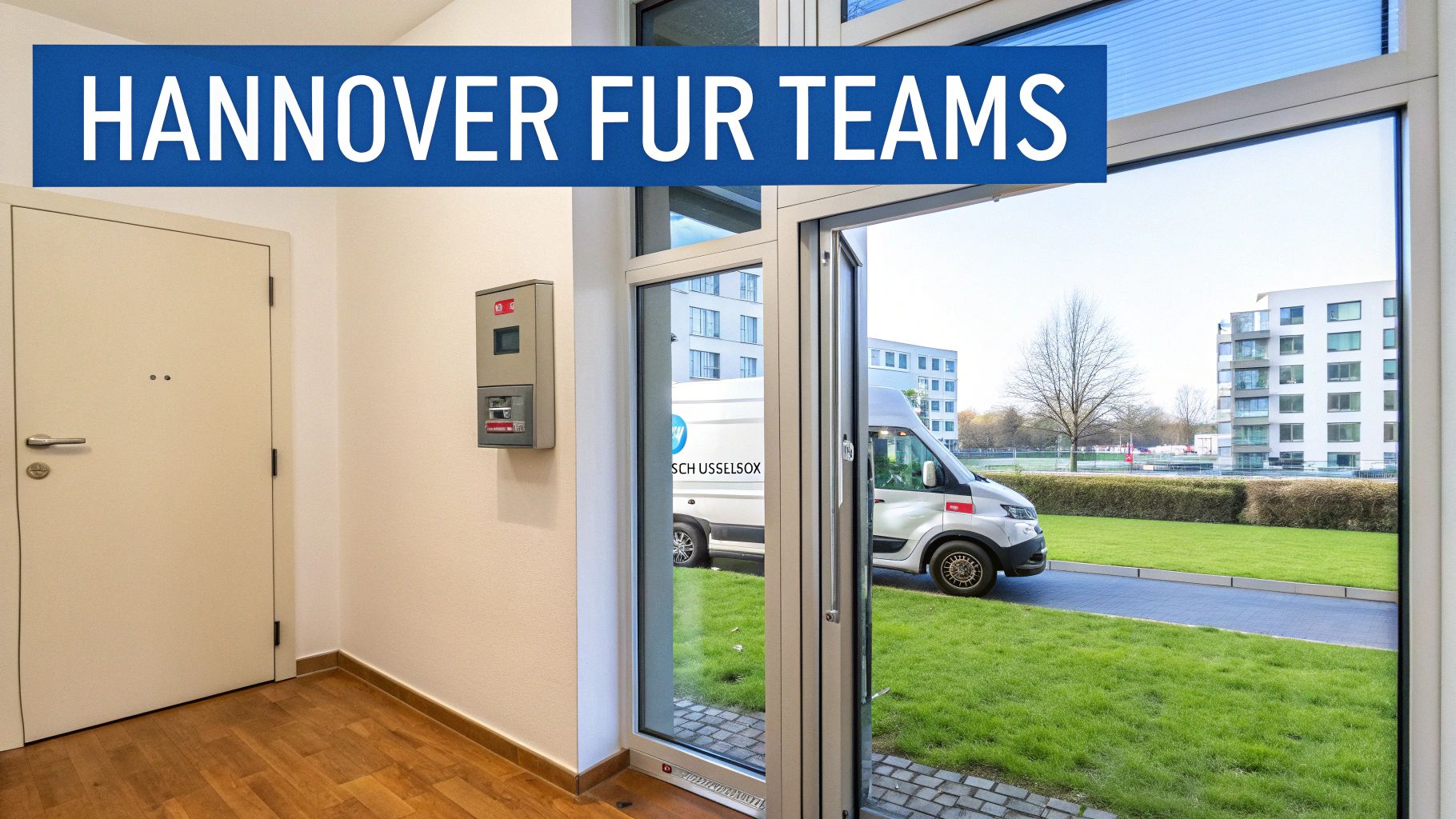 Innenansicht eines Flurs mit Tür und Fenster, das den Blick auf moderne Gebäude, einen Lieferwagen und grüne Wiesen freigibt.