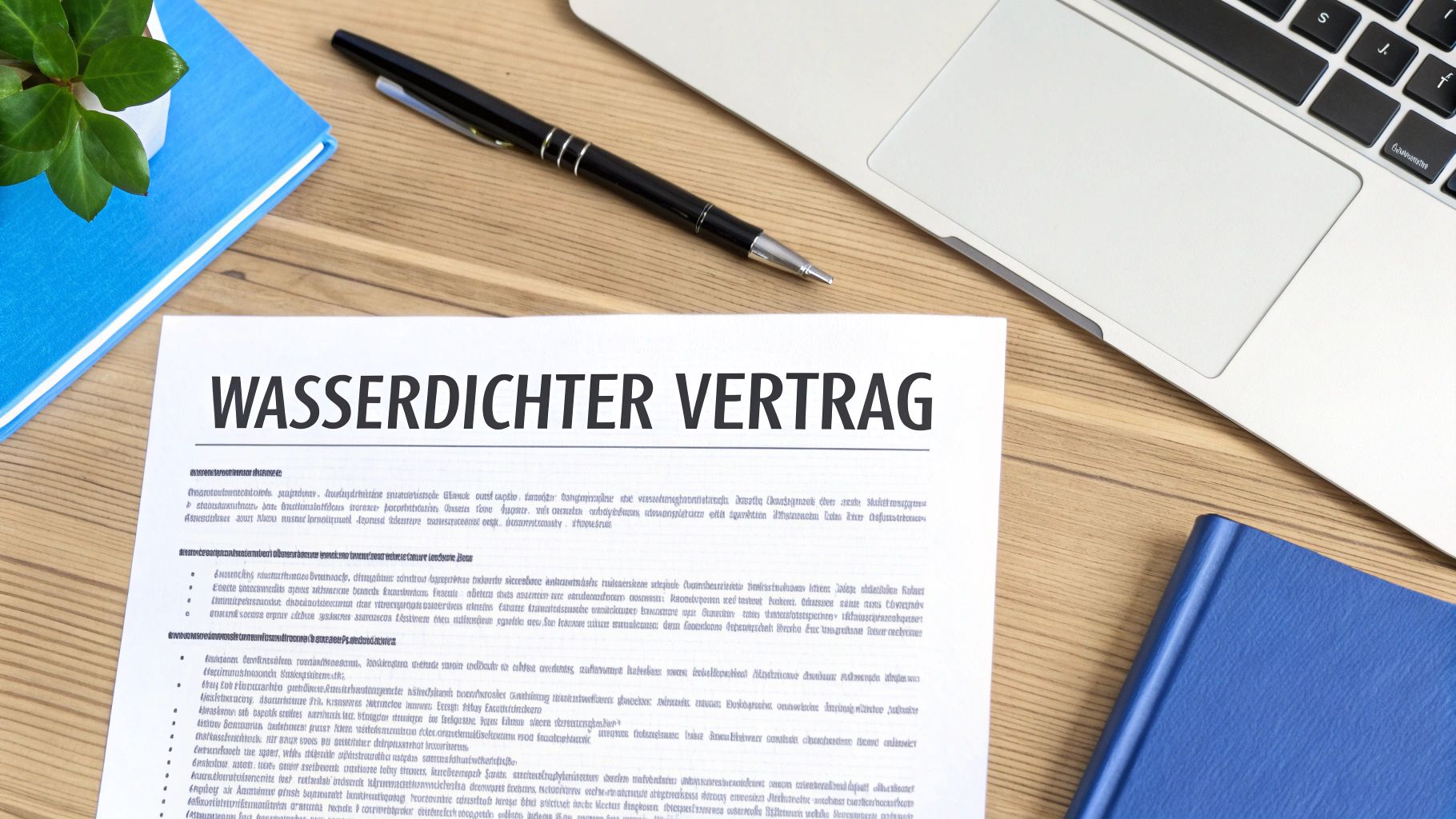 Ein wasserdichter Vertrag auf einem Holzschreibtisch mit einem Laptop, Stift und Notizbüchern.