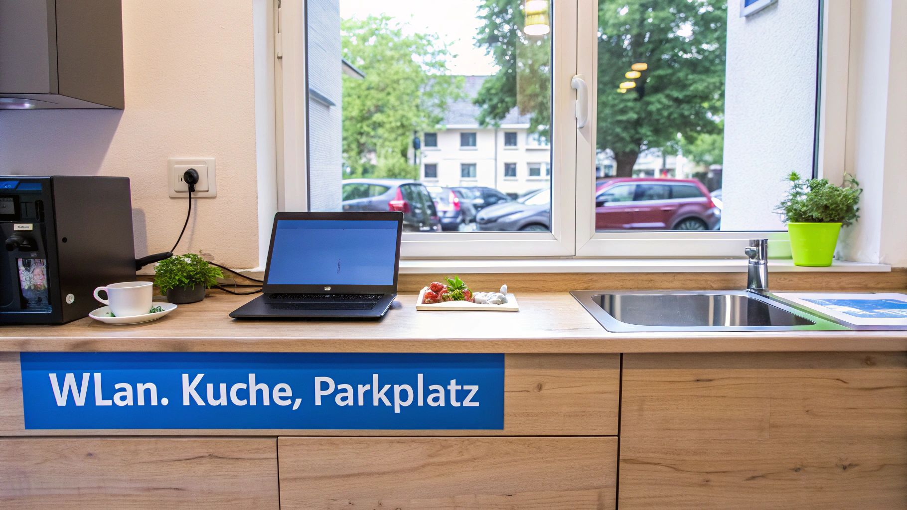 Moderne Ferienwohnung mit Küche, WLAN und Parkplatz, Blick aus dem Fenster auf Parkplatz in Hannover