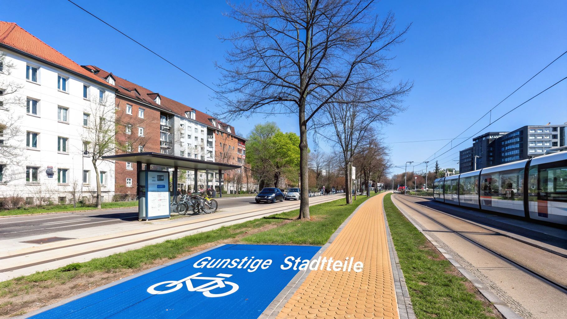 Moderne Straßenbahnhaltestelle mit Fahrradweg und günstigen Wohngebäuden in Hannover bei blauem Himmel