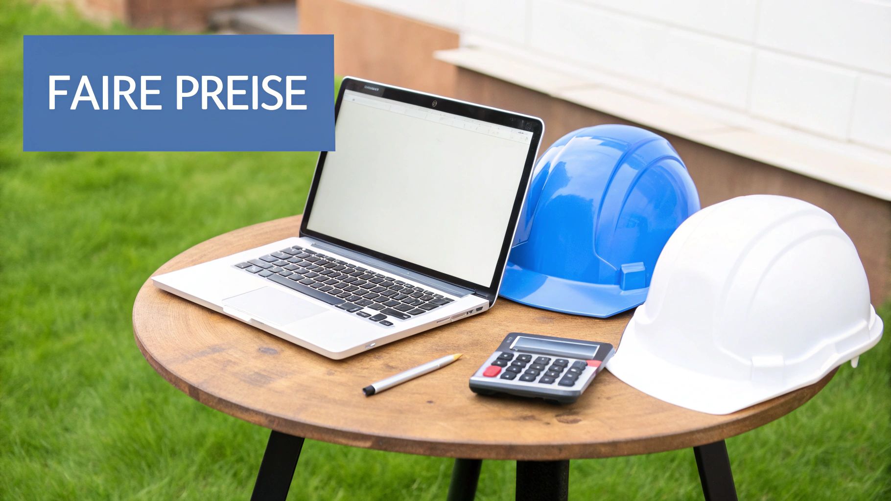 Laptop, blaue und weiße Schutzhelme, Taschenrechner und Stift auf Holztisch im Grünen mit Banner 'FAIRE PREISE'.