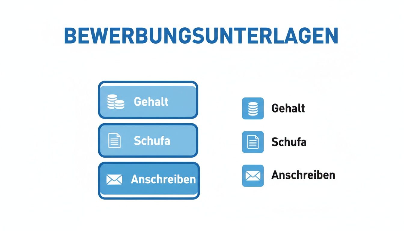 Die Grafik zeigt wichtige Bewerbungsunterlagen, wie Gehaltsnachweise, Schufa-Auskunft und ein Anschreiben, visuell dargestellt.
