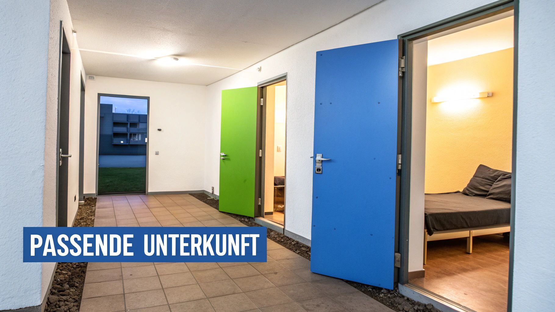 Heller Flur mit farbigen Türen, die zu verschiedenen Unterkünften führen, inklusive eines Zimmers mit Bett.