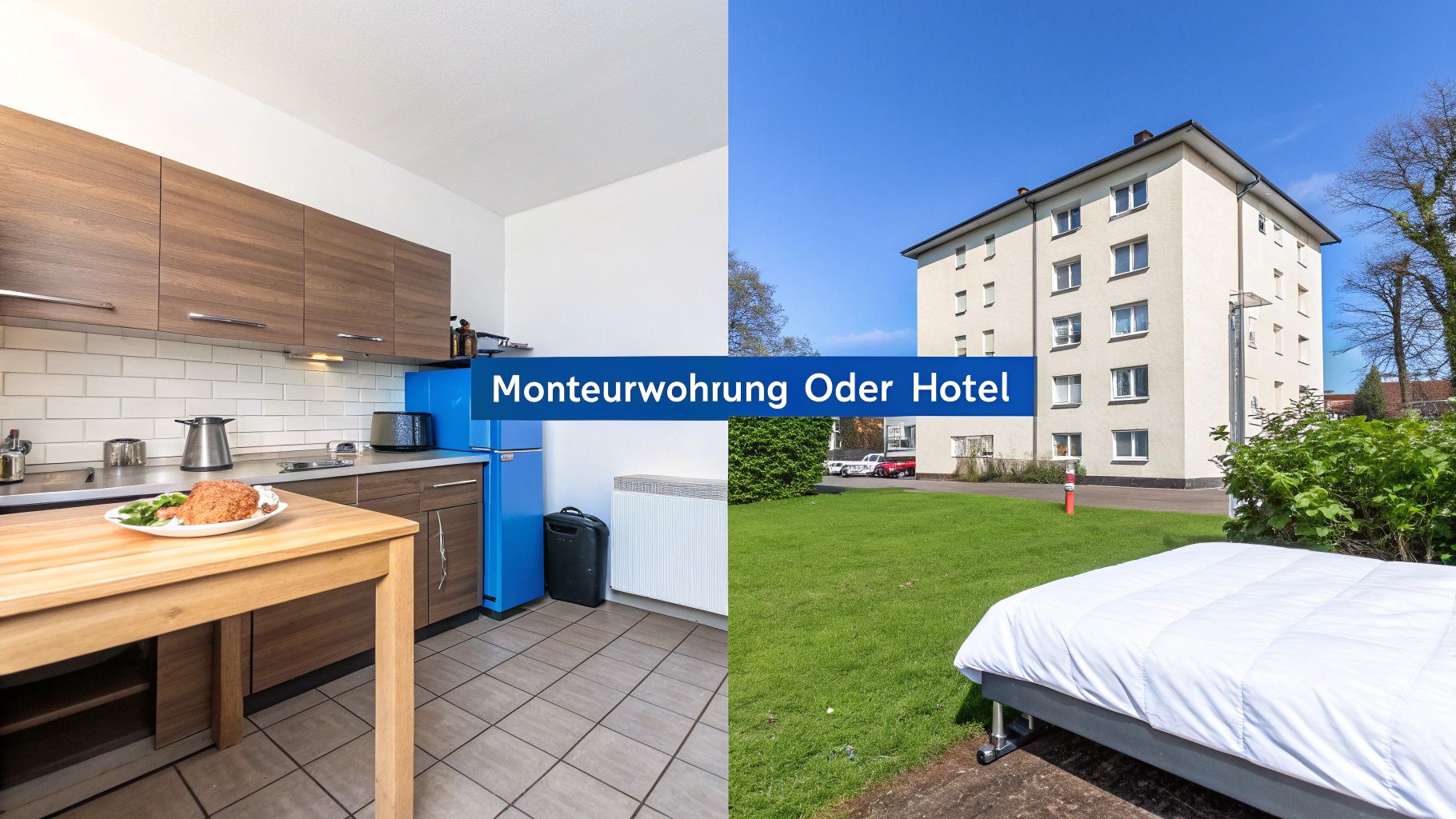 Splitbild: Moderne Monteurwohnung mit Küche und Außenansicht eines Apartmentgebäudes mit Frage: Monteurwohnung Oder Hotel?