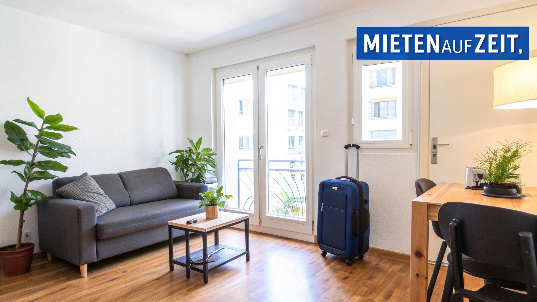 Modernes, möbliertes Wohnzimmer mit Sofa, Esstisch und großen Fenstern, perfekt für Mieten auf Zeit.