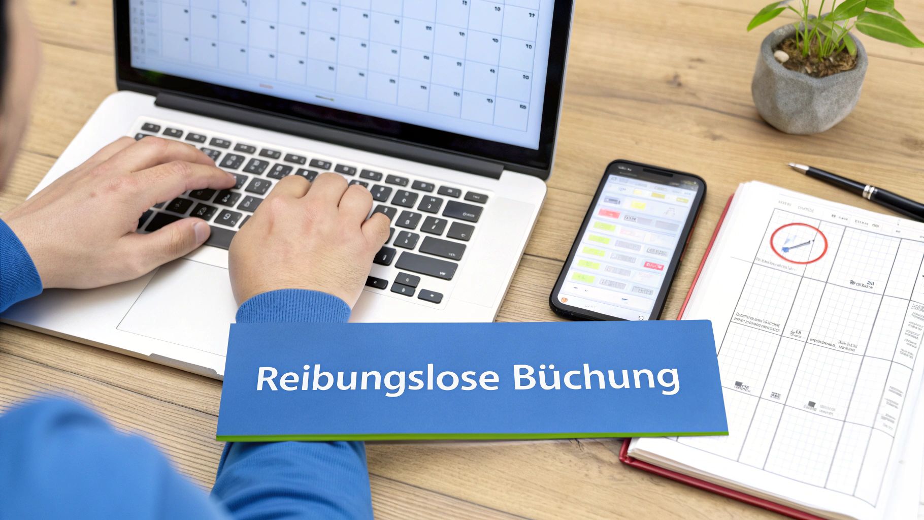 Person tippt auf Laptop für reibungslose Buchung, mit Smartphone und Notizbuch auf Holztisch.