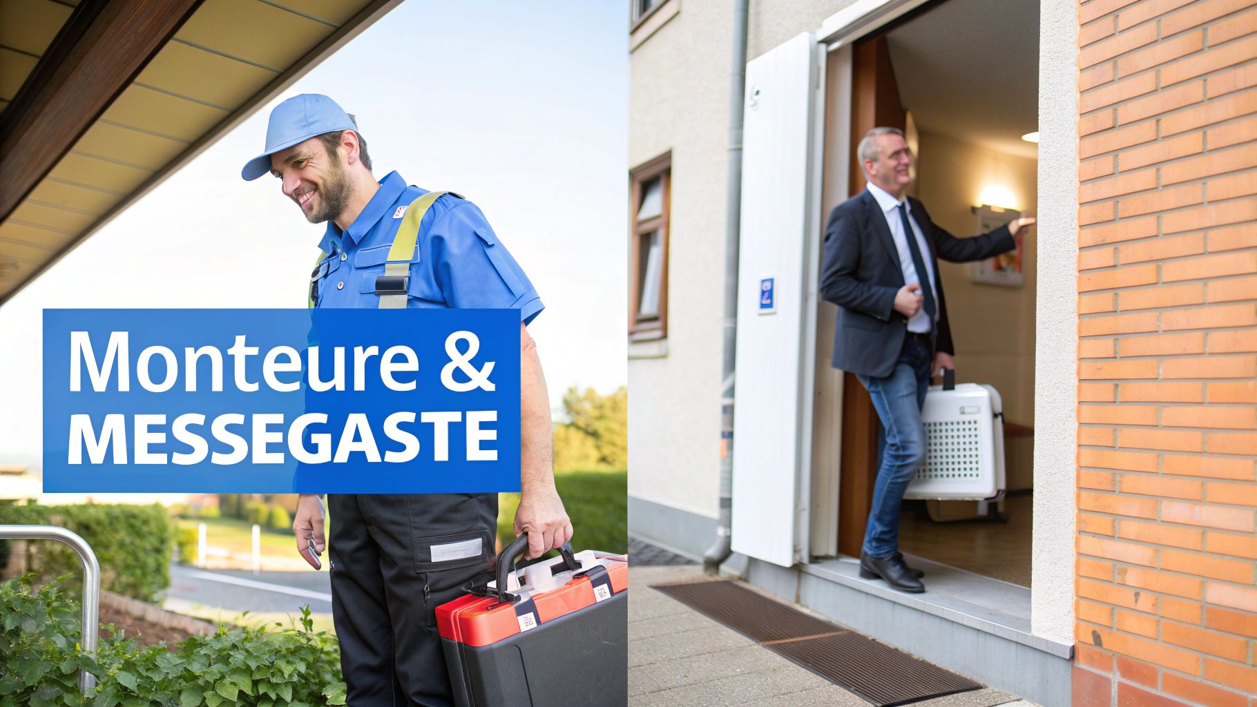 Ein lächelnder Monteur mit Werkzeugkoffer und ein Messegast betreten ein Gebäude.