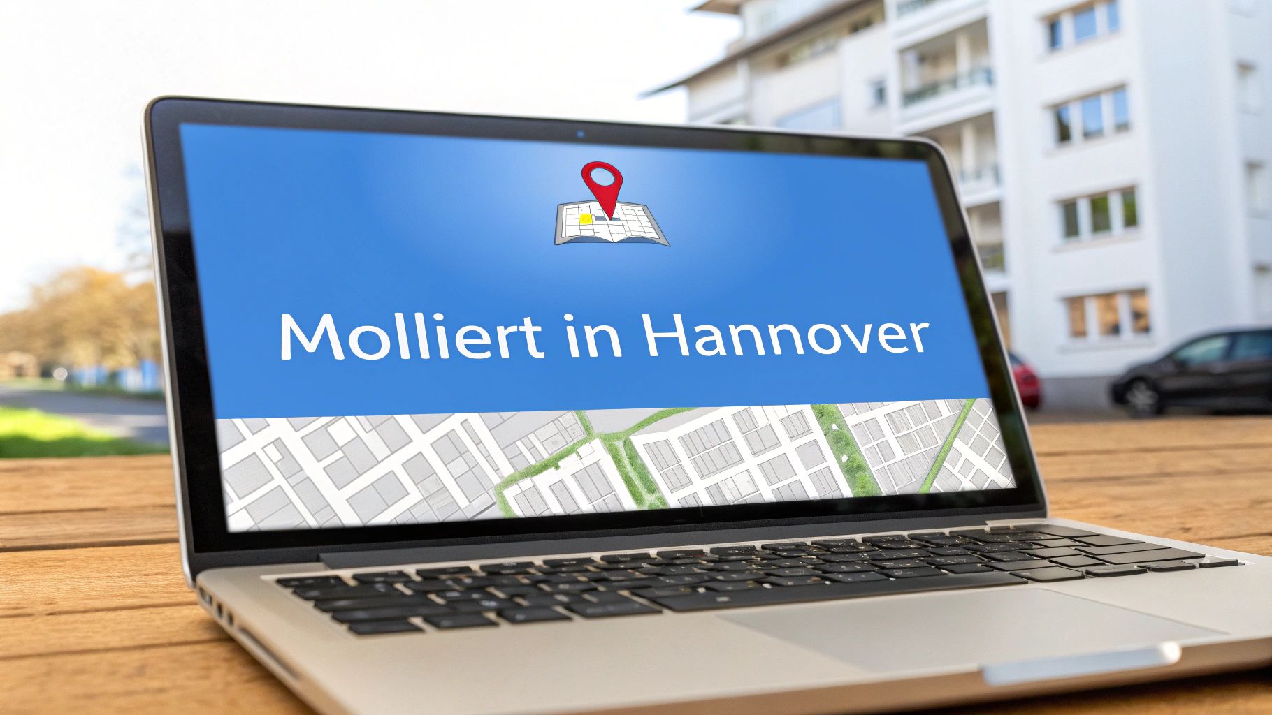 Ein Laptop auf einem Holztisch zeigt die Worte 'Möbliert in Hannover' und eine Karte mit einem Standort-Pin auf dem Bildschirm.