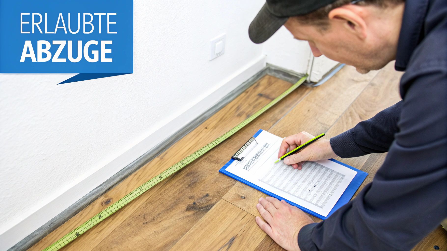 Ein Mann misst einen Raum mit einem Maßband und macht Notizen auf einem Klemmbrett, dazu der Text 'Erlaubte Abzüge'.