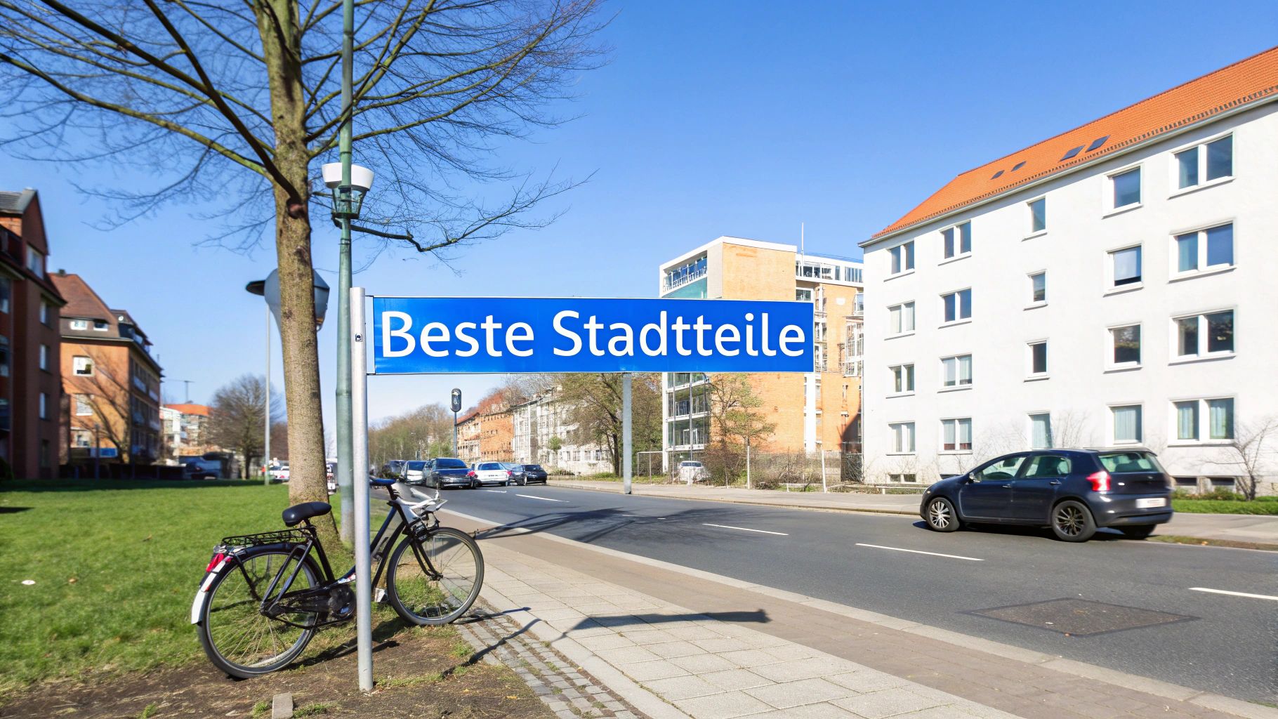 Straßenszene mit blauem Schild 'Beste Stadtteile', einem Fahrrad, parkenden Autos und Wohngebäuden unter blauem Himmel in Hannover.