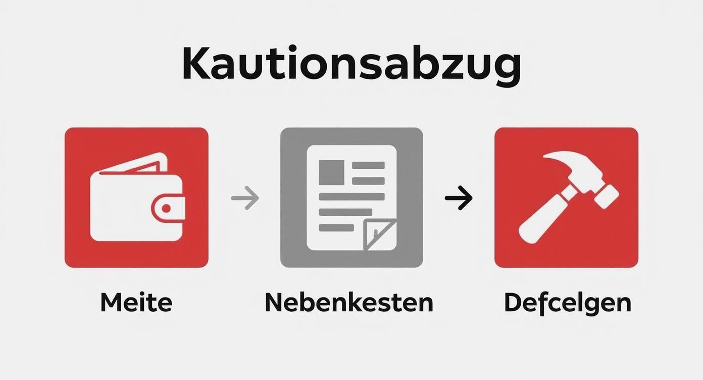 Infografik zu den Gründen für Kautionsabzüge, wie Mietrückstände, Nebenkostennachzahlungen und Schäden