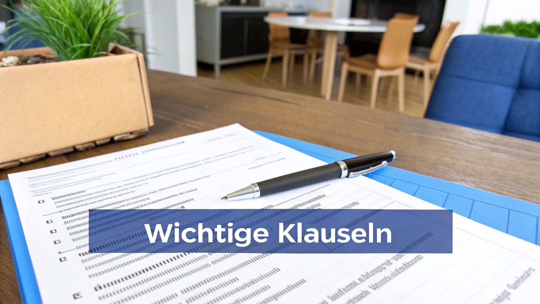 Stift auf wichtigen Klauseln und Dokumenten in einem blauen Ordner auf einem Holztisch im Büro.