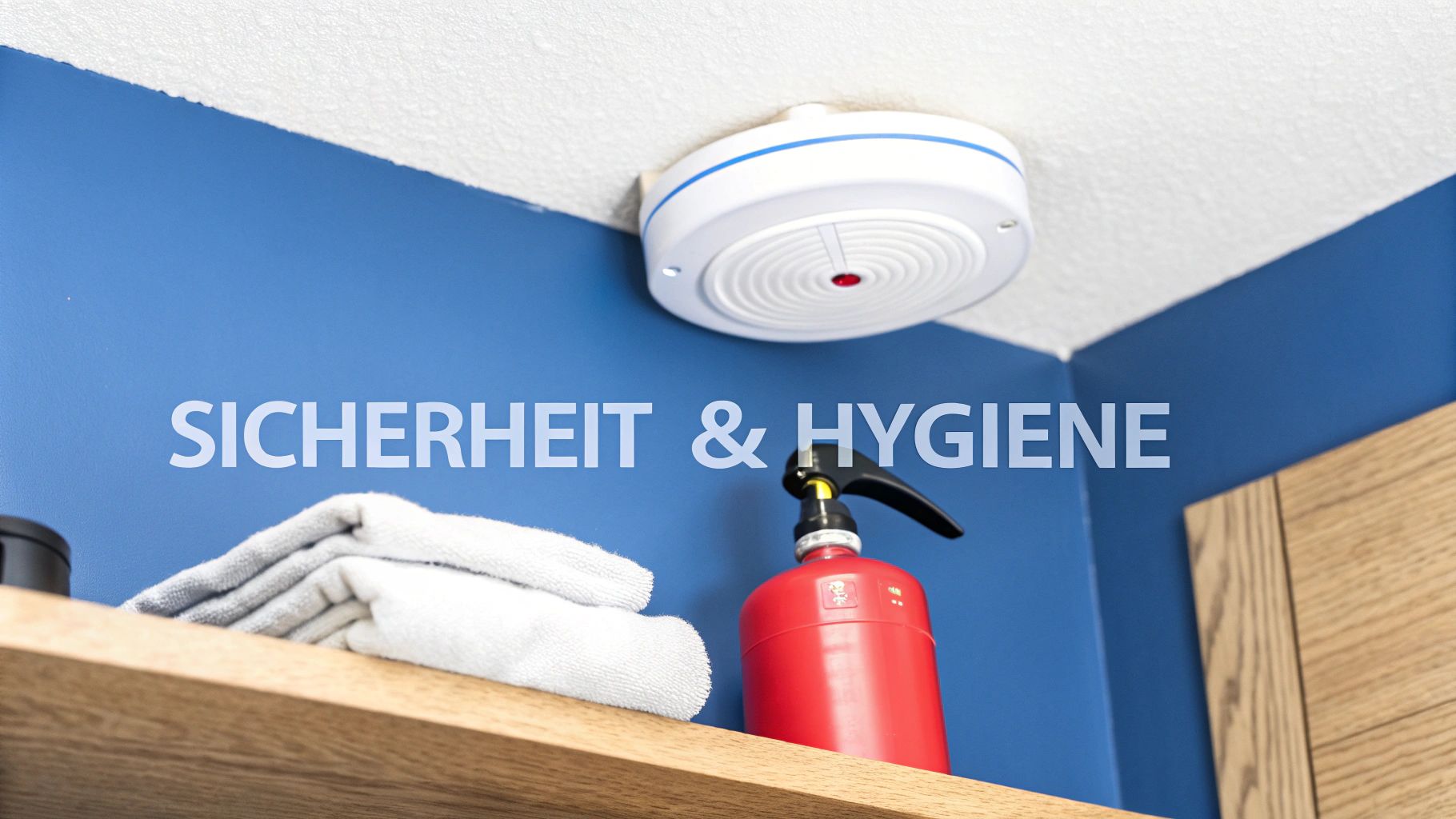 Rauchmelder an der Decke, Feuerlöscher und Handtücher symbolisieren Sicherheit und Hygiene in Unterkünften