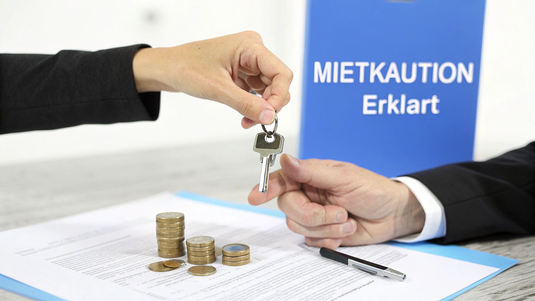 Hände übergeben einen Schlüssel über Dokumenten und Münzstapeln, im Hintergrund ein Ordner mit 'Mietkaution Erklärt'.