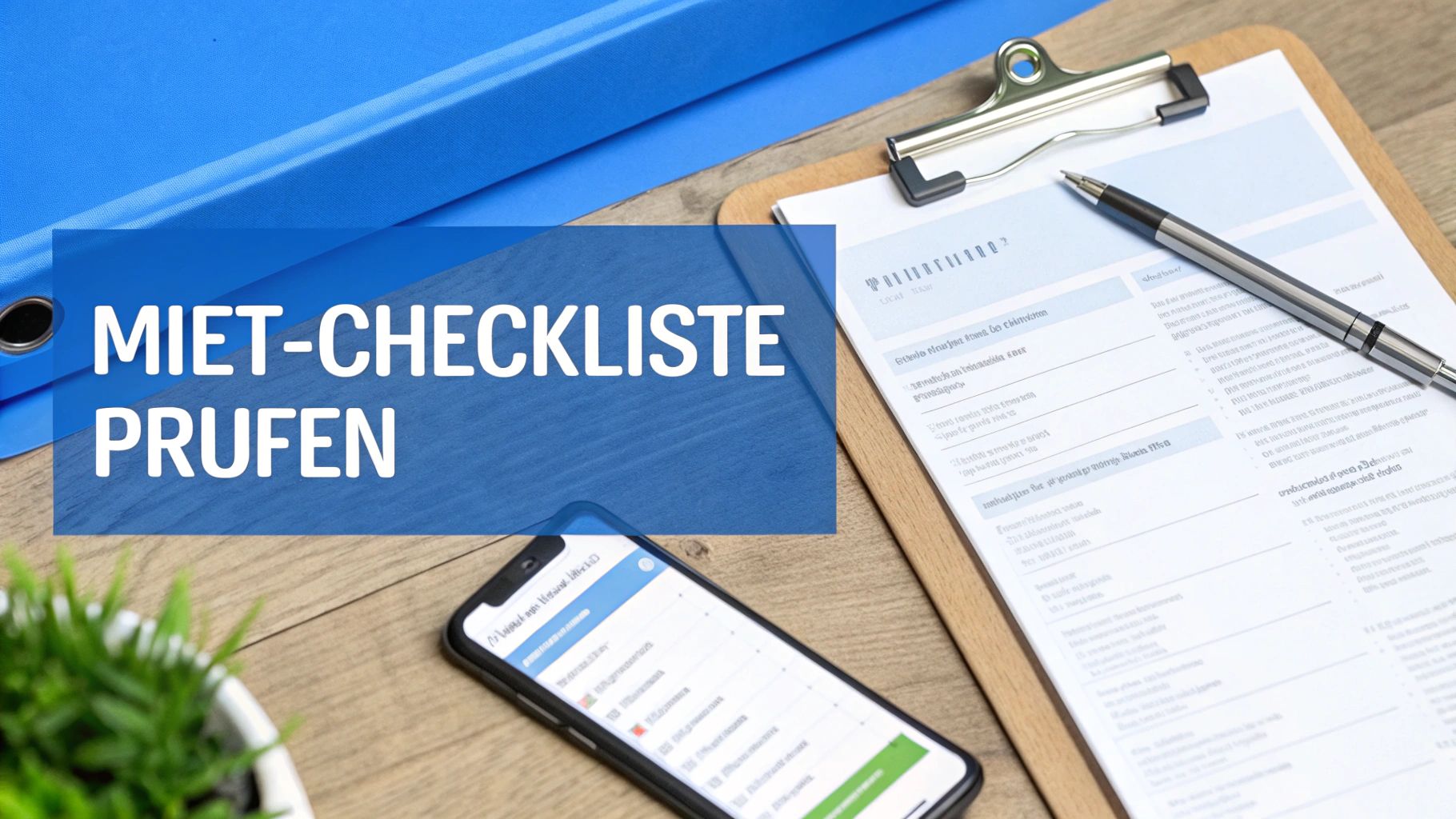 Eine Miet-Checkliste wird auf einem Schreibtisch mit Ordner, Stift und Smartphone geprüft.