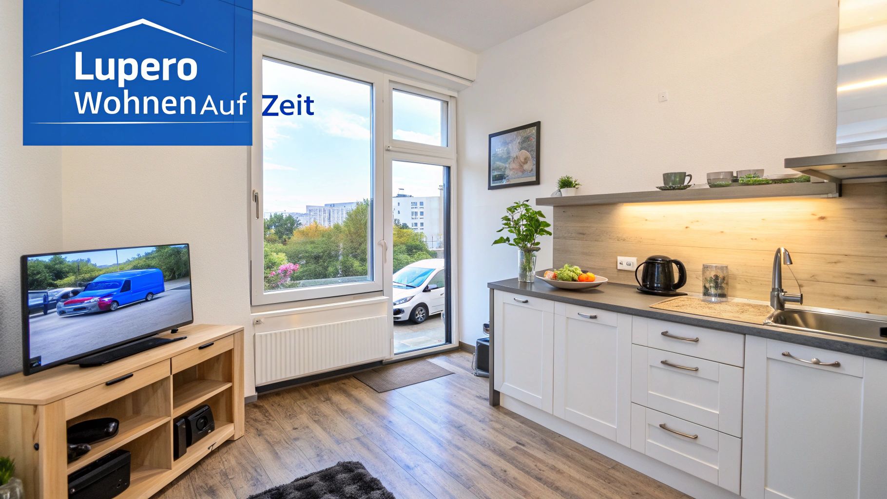 Moderne Wohnung mit voll ausgestatteter Küche, großem Fenster und Fernseher auf einem Holzschrank.