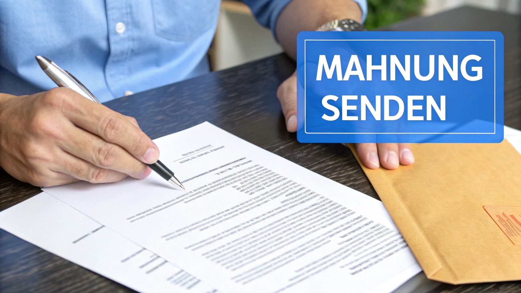 Eine Person unterschreibt Dokumente, mit einem blauen Kasten und der Aufschrift "MAHNUNG SENDEN" und einem Umschlag.