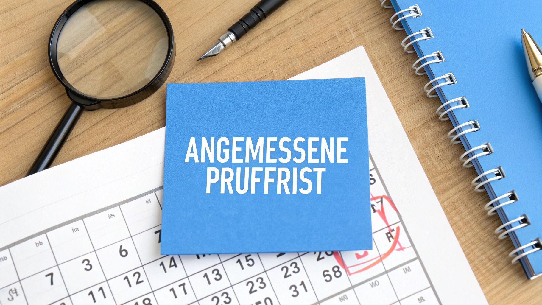 Blauer Zettel mit Text 'ANGEMESSENE PRÜFFRIST' auf einem Schreibtisch mit Kalender, Lupe und Stift.