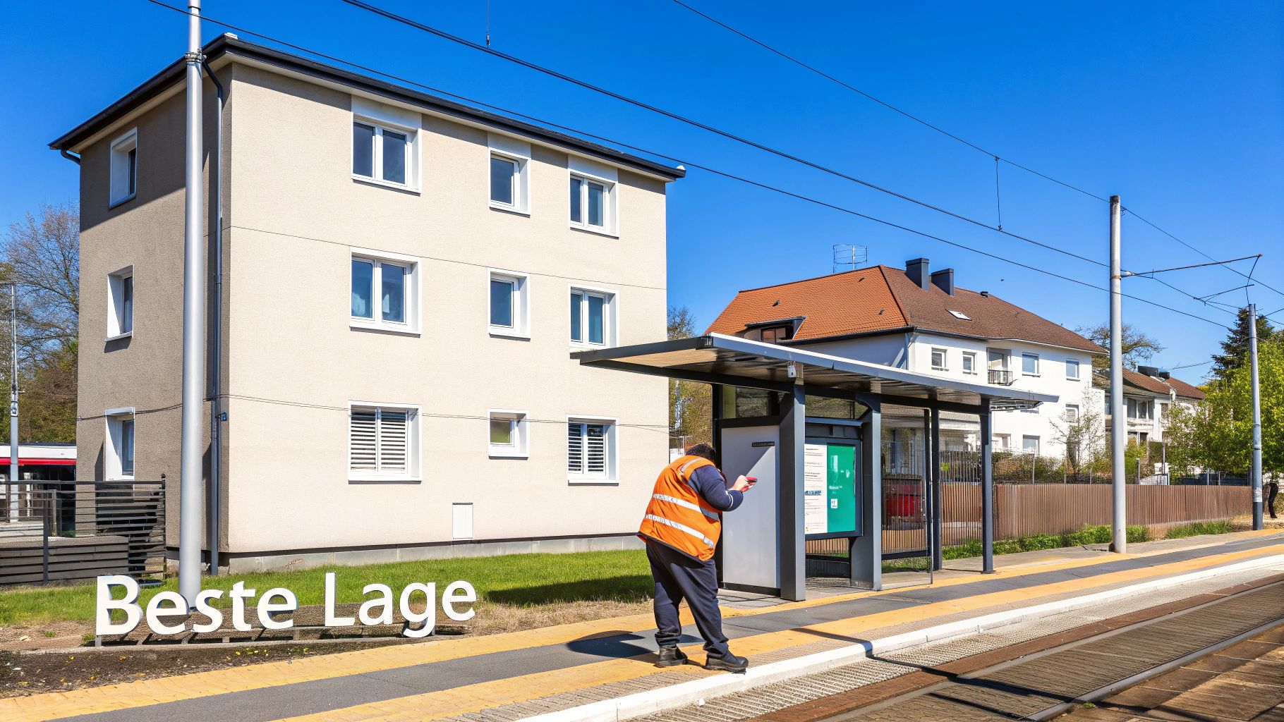 Arbeiter in Sicherheitsweste wartet an moderner Straßenbahnhaltestelle vor Wohngebäude mit optimaler Verkehrsanbindung
