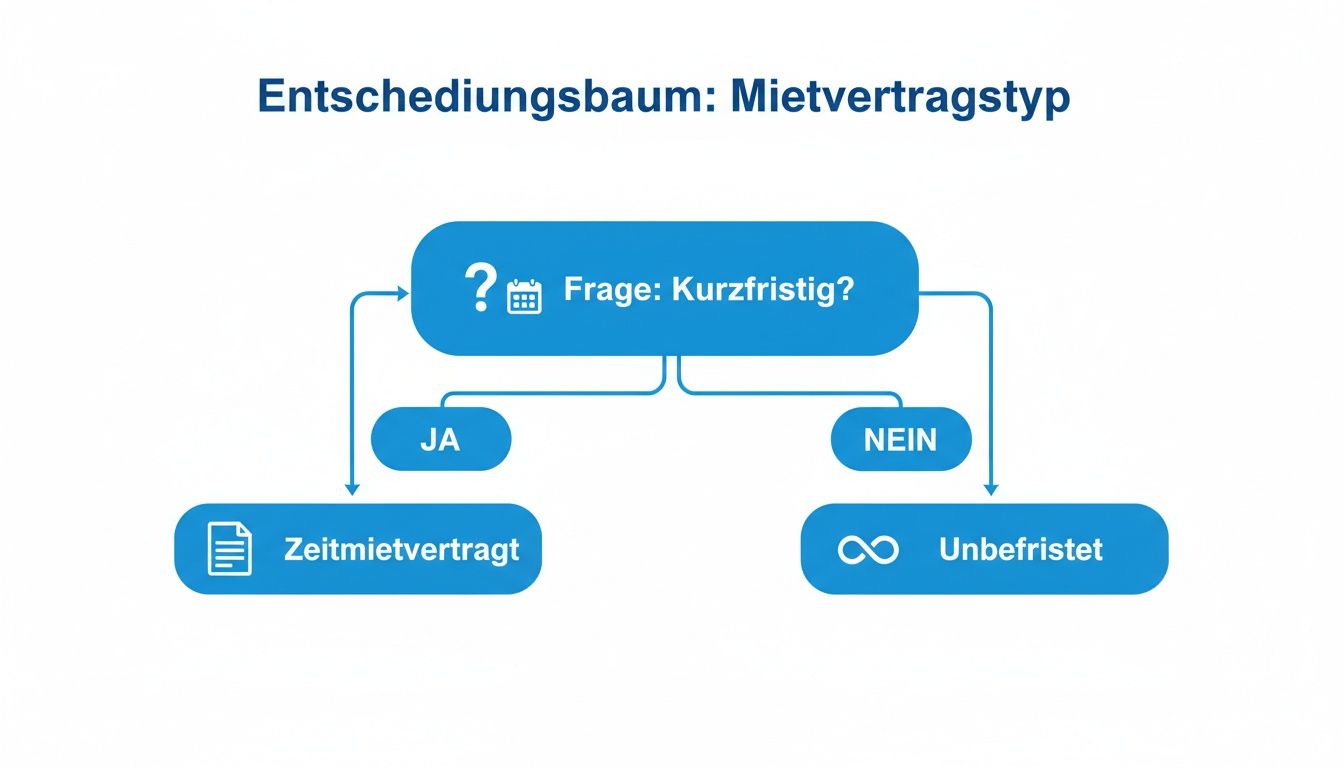 Entscheidungsbaum zum Mietvertragstyp: Frage nach Kurzfristigkeit führt zu Zeitmietvertrag oder unbefristetem Vertrag.