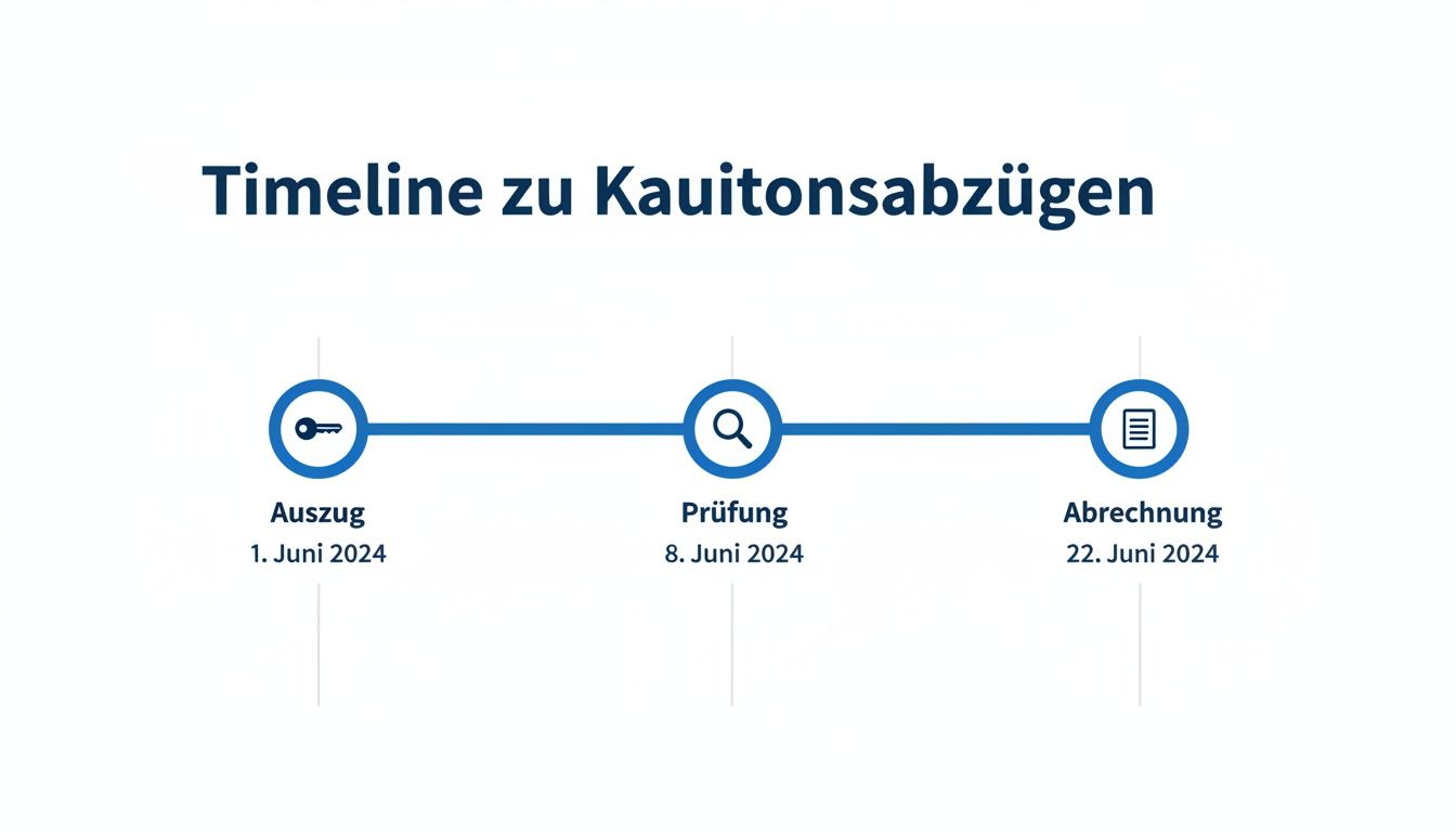 Eine visuelle Timeline zeigt die Schritte Auszug, Prüfung und Abrechnung für Kautionsabzüge im Juni 2024.