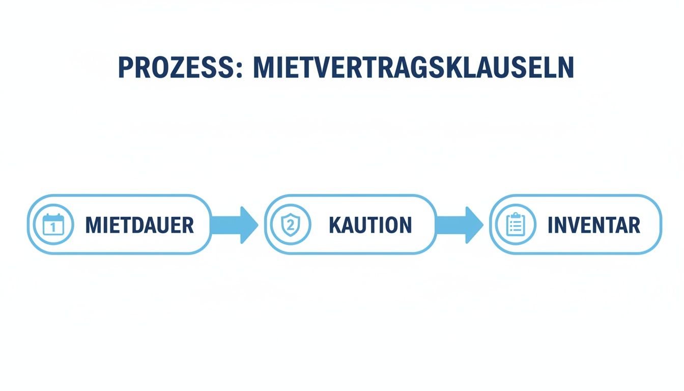 Flussdiagramm mit den Schritten eines Mietvertragsprozesses: Mietdauer, Kaution und Inventar.
