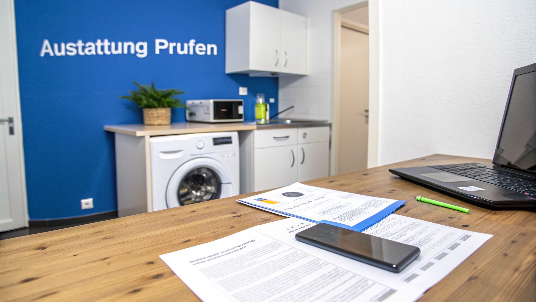 Eine moderne und saubere Küche in einer Monteurwohnung, die die Wichtigkeit guter Ausstattung symbolisiert.