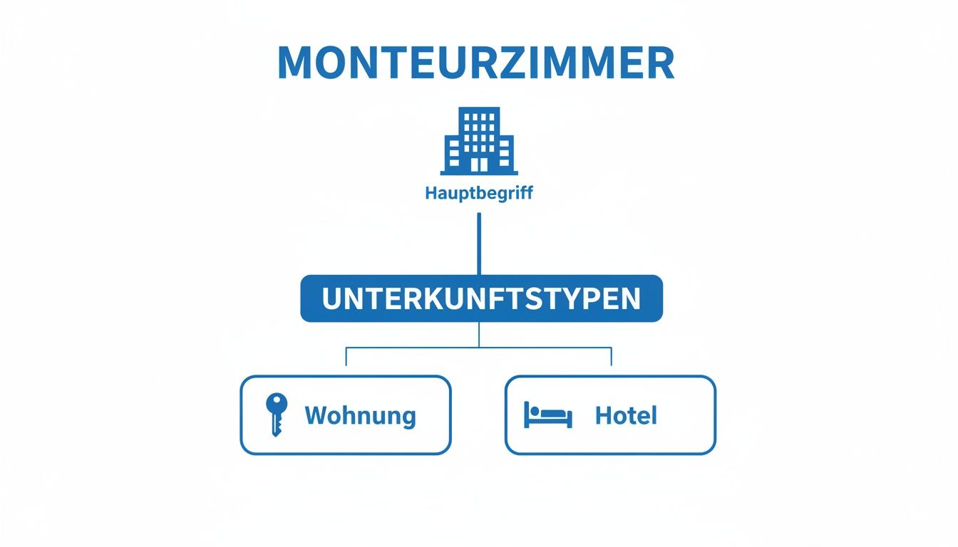 Diagramm, das Monteurzimmer als Hauptbegriff und seine Unterkunftsarten wie Wohnung und Hotel visualisiert.