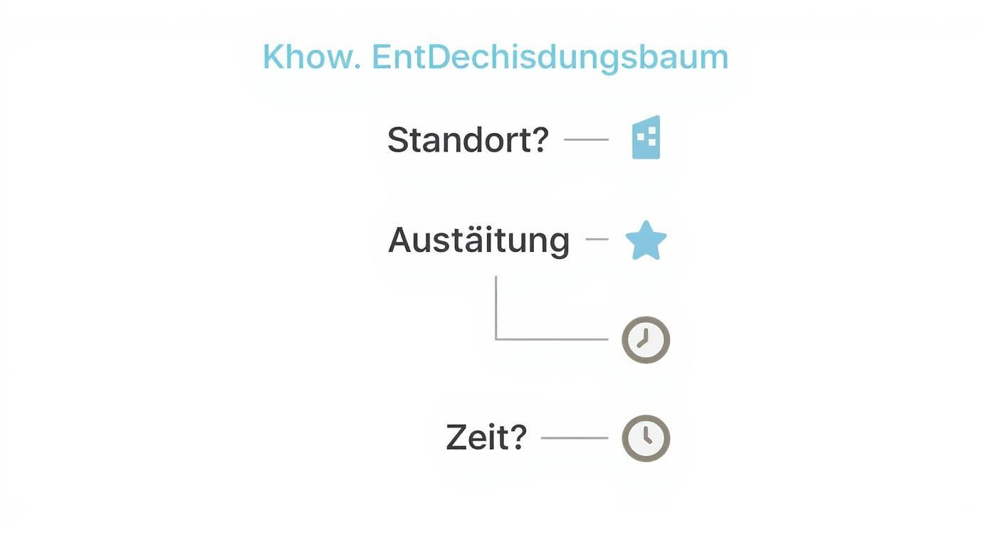 Entscheidungsbaum zur Raummiete mit Fragen zu Standort, Ausstattung und Zeit mit passenden Icons