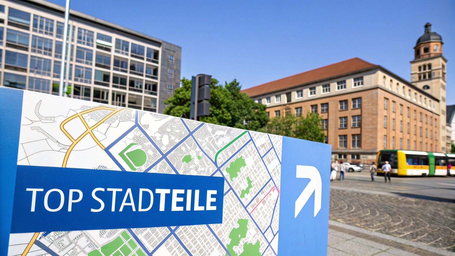 Blaues Schild mit Stadtkarte und 'TOP STADTTTEile' Schriftzug, zeigt den Weg zu attraktiven Stadtteilen.
