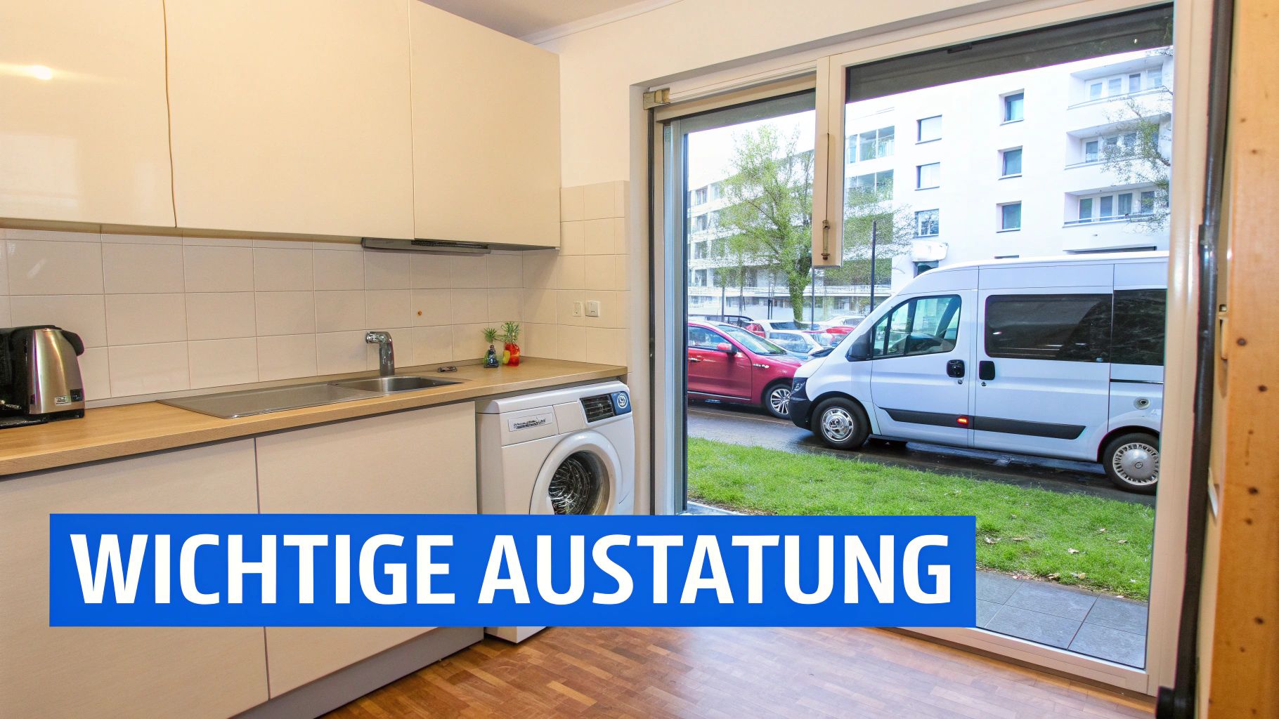 Moderne Küche mit Spüle, Wasserkocher, Waschmaschine und Fensterblick auf geparkte Autos. Ein blaues Banner sagt "WICHTIGE AUSTATUNG".