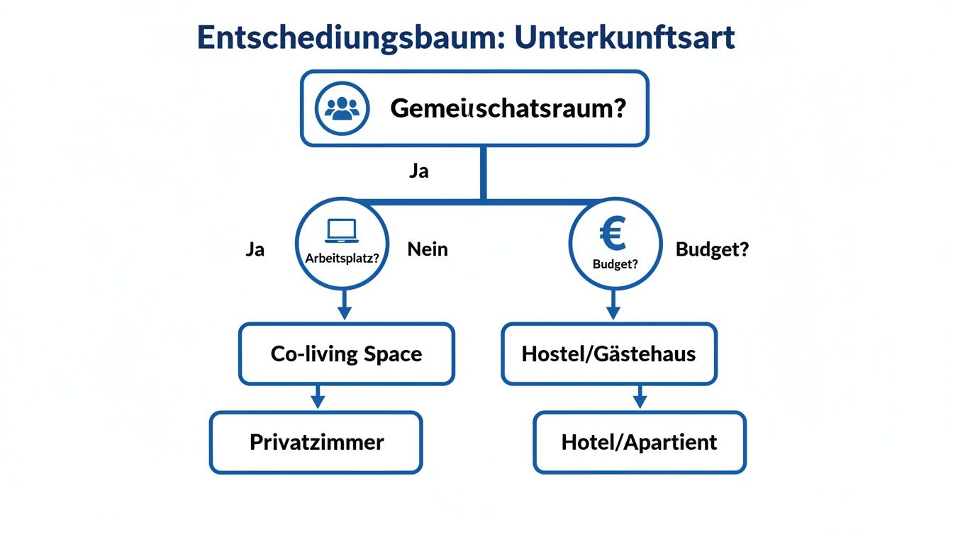 Entscheidungsbaum zur Auswahl der Unterkunft: Gemeinschaftsraum, Arbeitsplatz und Budget führen zu Co-living, Privatzimmer, Hostel oder Hotel.