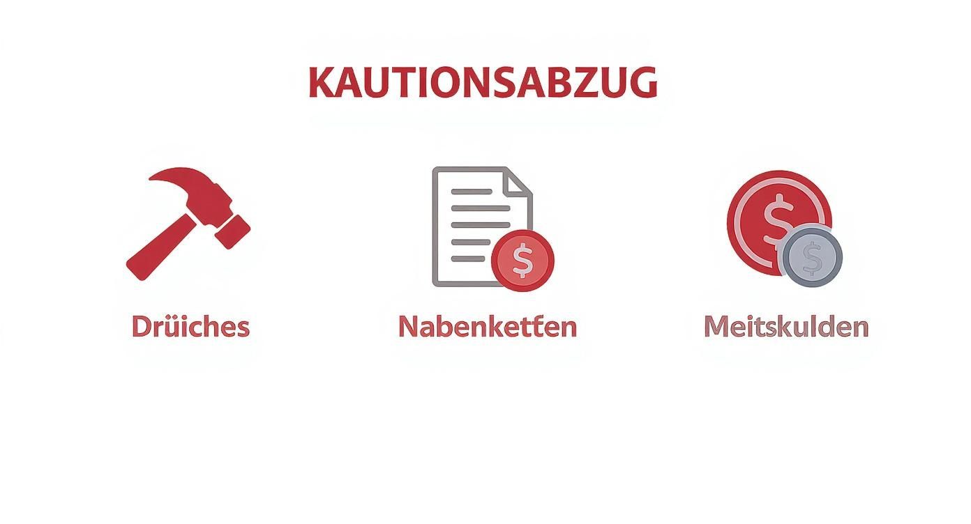 Grafik über Kautionsabzüge, dargestellt durch Symbole für Schäden, Nebenkosten und Mietschulden.