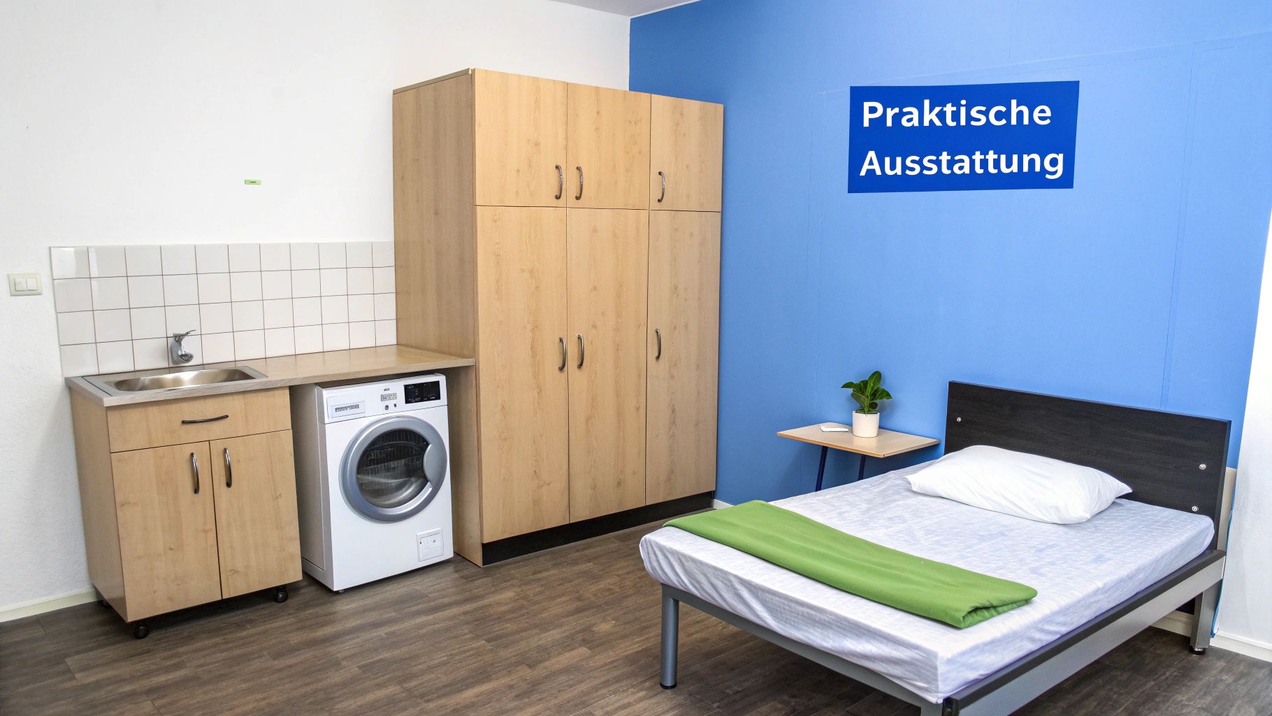 Ein funktionell eingerichtetes Monteurzimmer mit Bett, Küchenzeile, Waschmaschine und geräumigen Schränken.