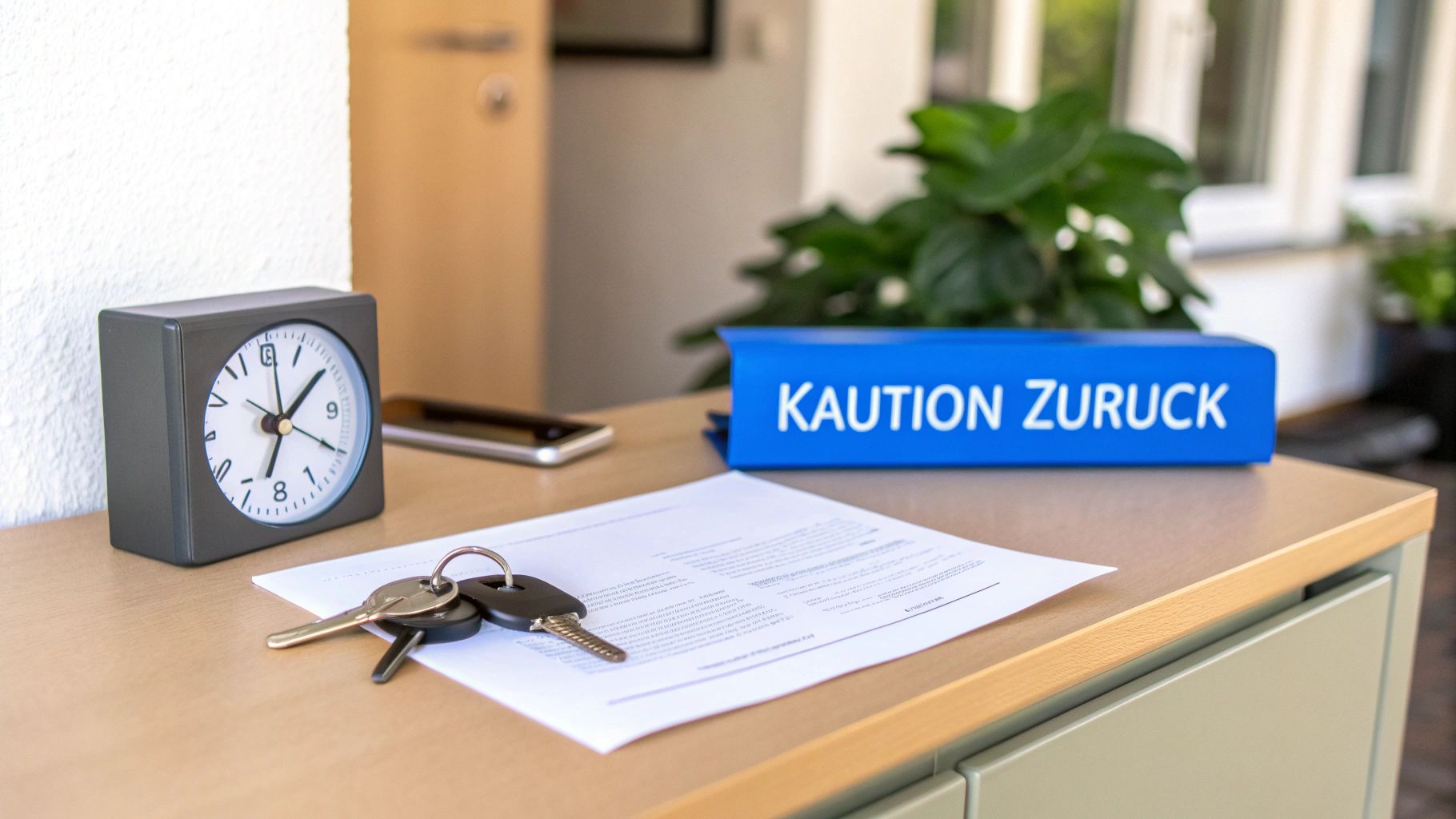 Uhr, Schlüssel, Dokumente und ein blauer Ordner mit der Aufschrift 'KAUTION ZURÜCK' auf einem Holztisch.