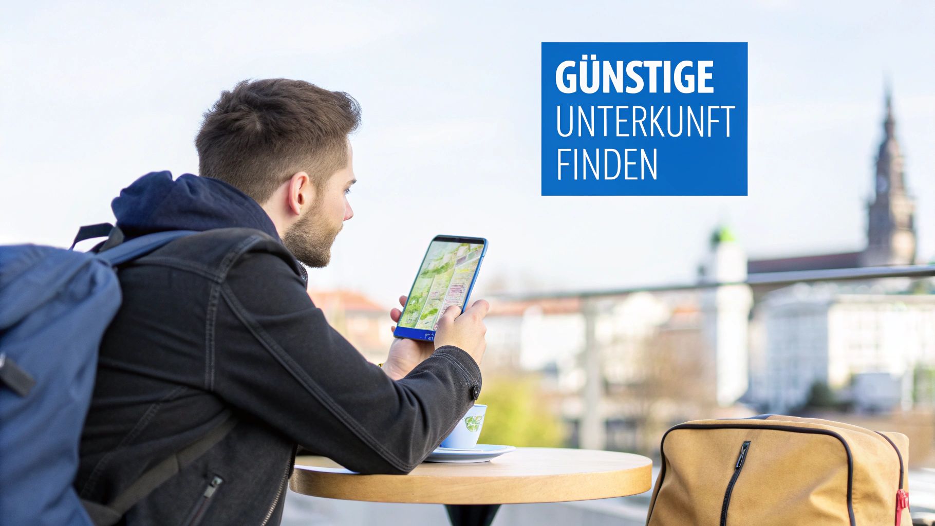 Junger Mann auf einer Terrasse nutzt sein Smartphone, um eine günstige Unterkunft zu finden, mit Stadtaussicht.
