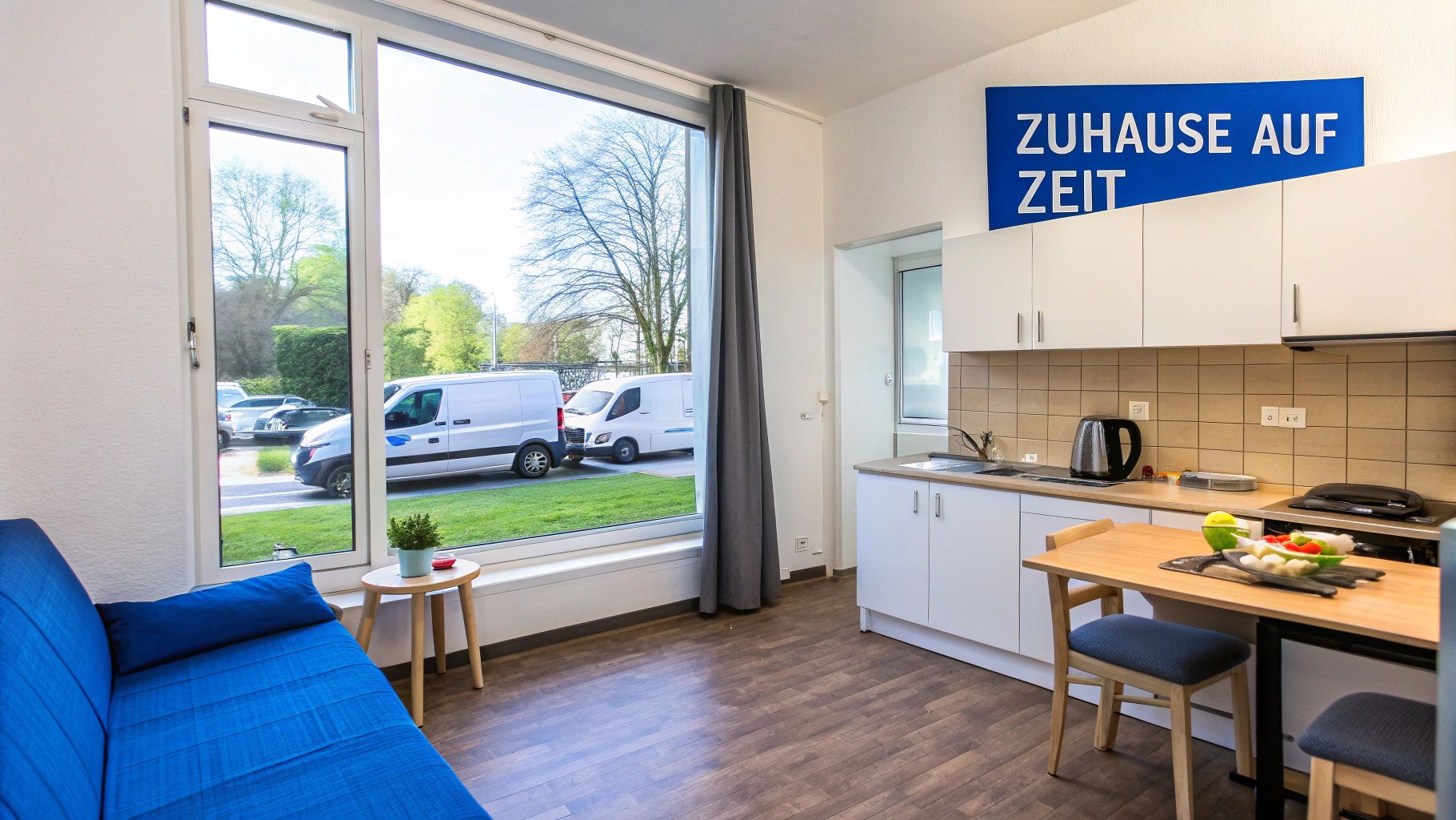 Wohnbereich eines Boardinghouse-Zimmers mit Küche, Sofa und Fenster. Blauer Schriftzug 'ZUHAUSE AUF ZEIT' an der Wand.